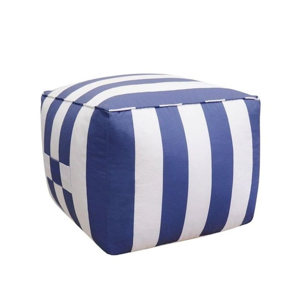 Pasargad Home Galaxy Collection WhiteBlue Poly Fabric Striped Pouf - PTPF425