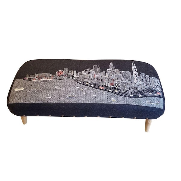 Homeroots 38 in. Chicago Nighttime Skyline Embroidered Ottoman, Black - 480546