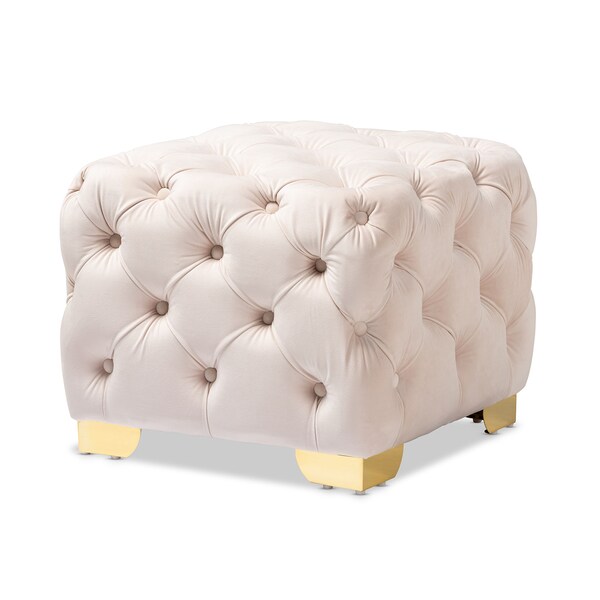 Baxton Studio Avara Beige Velvet Upholstered Gold Finished Button Tufted Ottoman - 153-9374