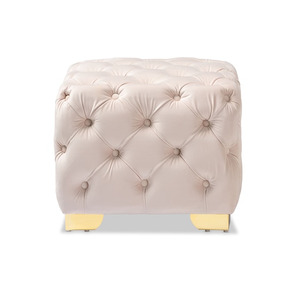 Baxton Studio Avara Beige Velvet Upholstered Gold Finished Button Tufted Ottoman - 153-9374