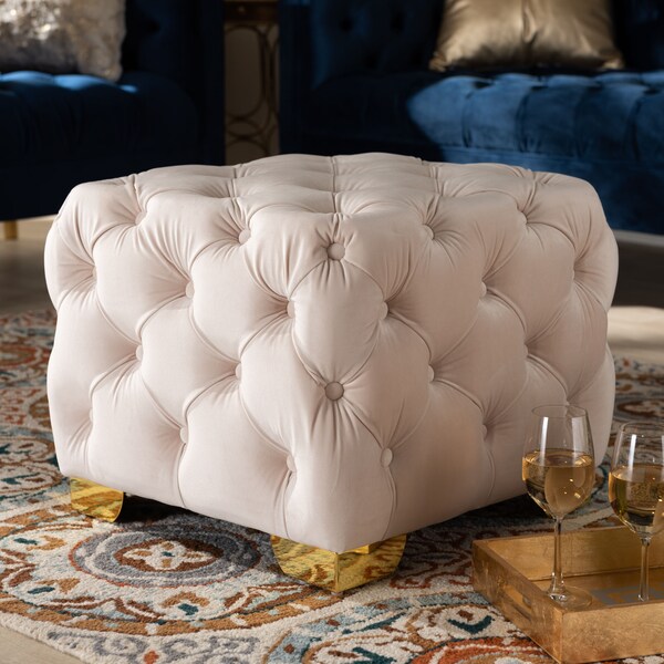 Baxton Studio Avara Beige Velvet Upholstered Gold Finished Button Tufted Ottoman - 153-9374
