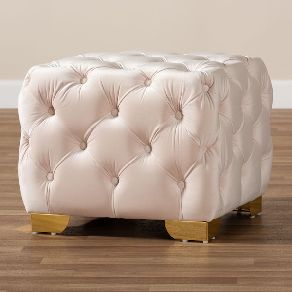 Baxton Studio Avara Beige Velvet Upholstered Gold Finished Button Tufted Ottoman - 153-9374