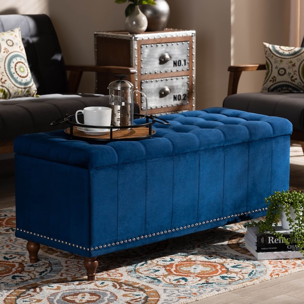 Baxton Studio Kaylee Navy Blue Velvet Upholstered Tufted Storage Ottoman Bench - 160-9935