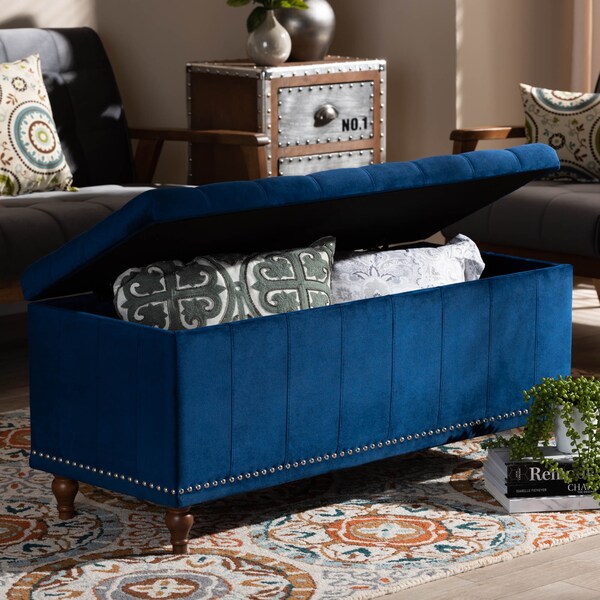 Baxton Studio Kaylee Navy Blue Velvet Upholstered Tufted Storage Ottoman Bench - 160-9935