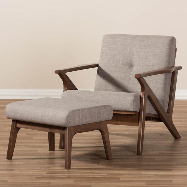 Baxton Studio Bianca Walnut Wood Grey Tufted Lounge Chair And Ottoman Set - 140-7548-7551