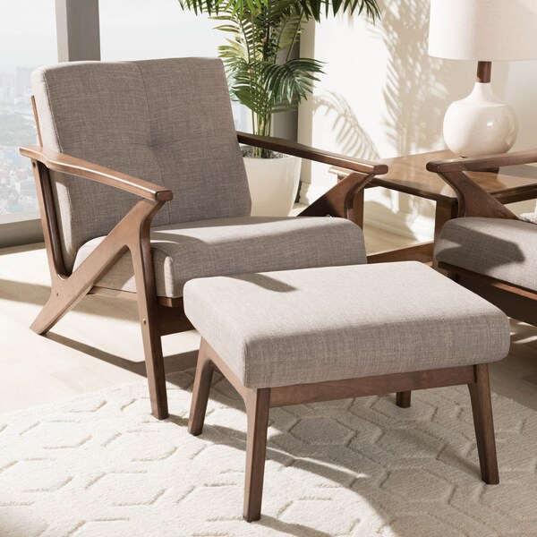Baxton Studio Bianca Walnut Wood Grey Tufted Lounge Chair And Ottoman Set - 140-7548-7551