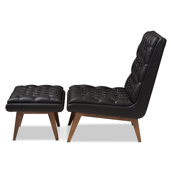 Baxton Studio Annetha Black Upholstered Walnut Finished Wood Chair And Ottoman Set - 144-7933-7934