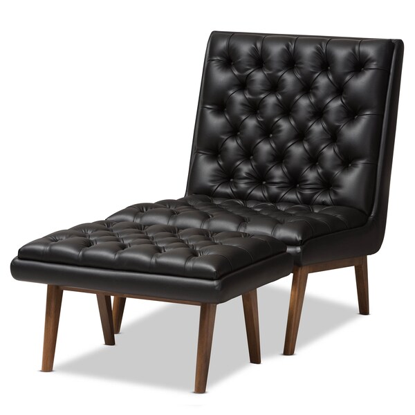 Baxton Studio Annetha Black Upholstered Walnut Finished Wood Chair And Ottoman Set - 144-7933-7934