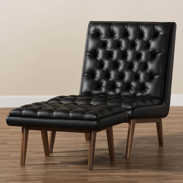 Baxton Studio Annetha Black Upholstered Walnut Finished Wood Chair And Ottoman Set - 144-7933-7934