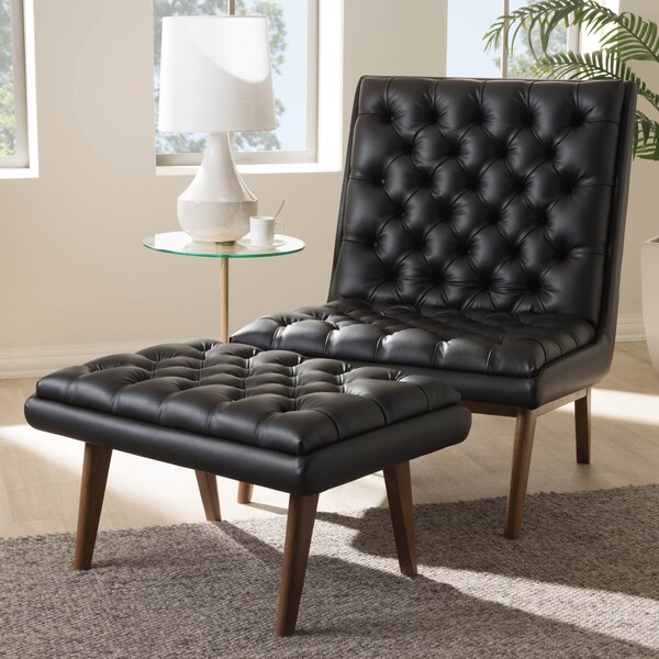 Baxton Studio Annetha Black Upholstered Walnut Finished Wood Chair And Ottoman Set - 144-7933-7934