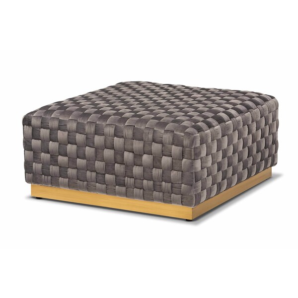 Baxton Studio Noah Grey Velvet Upholstered and Gold Finished Square Cocktail Ottoman - 170-10863