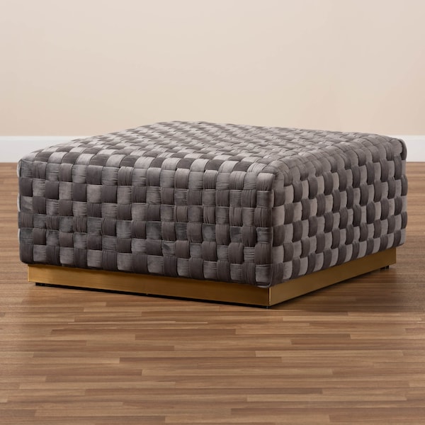 Baxton Studio Noah Grey Velvet Upholstered and Gold Finished Square Cocktail Ottoman - 170-10863