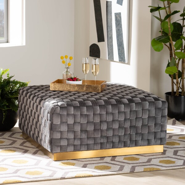 Baxton Studio Noah Grey Velvet Upholstered and Gold Finished Square Cocktail Ottoman - 170-10863