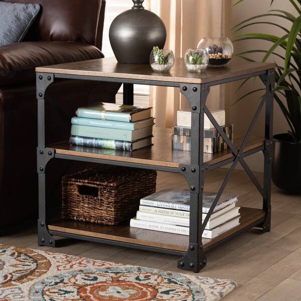 Baxton Studio Milo Antique Bronze Metal and Distressed Wood End Table - 163-10751