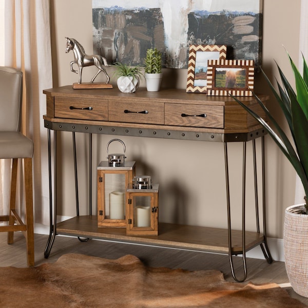 Baxton Studio Kellyn Vintage Oak Brown Finished Wood and Black Finished Metal 3-Drawer Console Table - 177-11199-ZORO