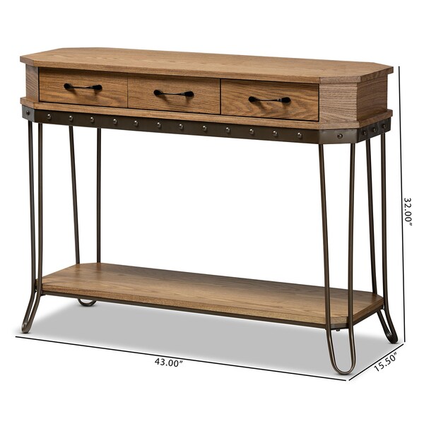 Baxton Studio Kellyn Vintage Oak Brown Finished Wood and Black Finished Metal 3-Drawer Console Table - 177-11199-ZORO