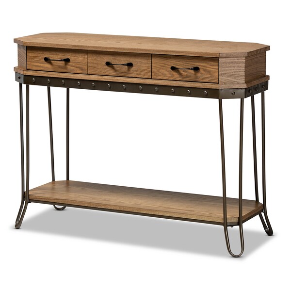Baxton Studio Kellyn Vintage Oak Brown Finished Wood and Black Finished Metal 3-Drawer Console Table - 177-11199-ZORO