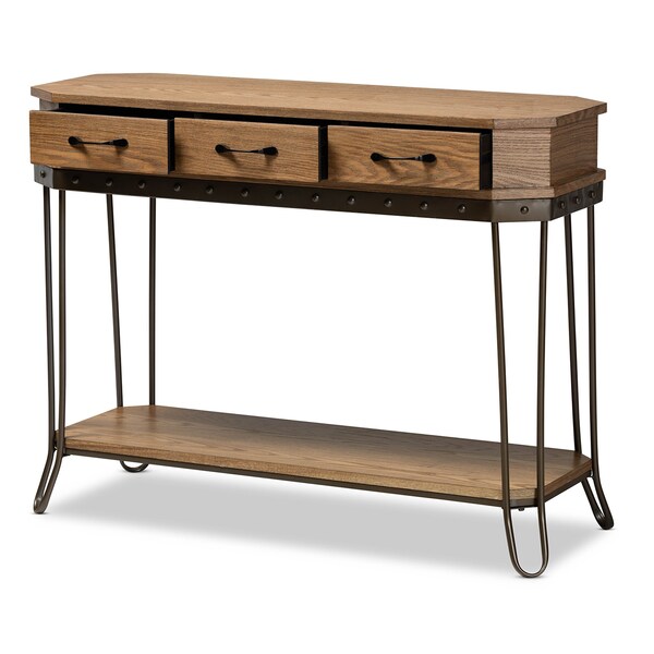Baxton Studio Kellyn Vintage Oak Brown Finished Wood and Black Finished Metal 3-Drawer Console Table - 177-11199-ZORO