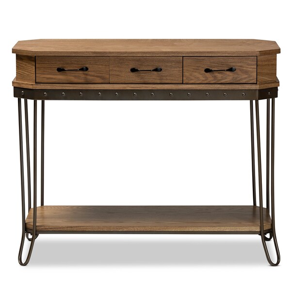 Baxton Studio Kellyn Vintage Oak Brown Finished Wood and Black Finished Metal 3-Drawer Console Table - 177-11199-ZORO