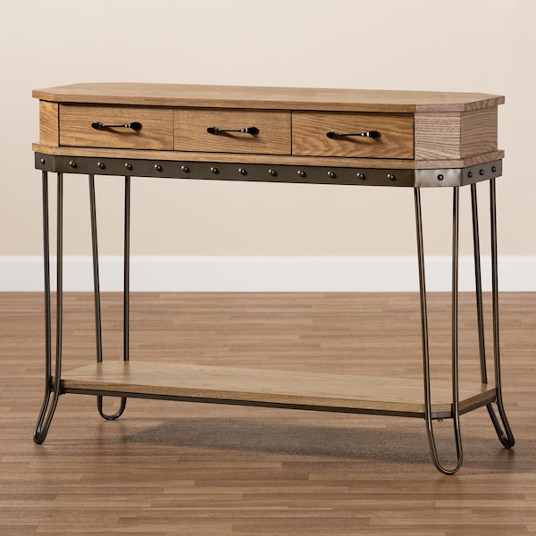 Baxton Studio Kellyn Vintage Oak Brown Finished Wood and Black Finished Metal 3-Drawer Console Table - 177-11199-ZORO
