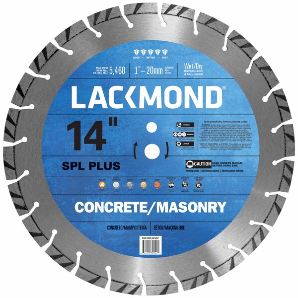 Lackmond Diamond Blade, Laser Weld Segmented, Series SPL PLUS, 14 Diameter Blade, 20 mm ArborShank - SG14SPL12520P