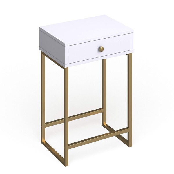 Acme 1-Drawer Metal Tube End Table in White and Brass - ER-0154WH