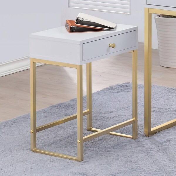 Acme 1-Drawer Metal Tube End Table in White and Brass - ER-0154WH