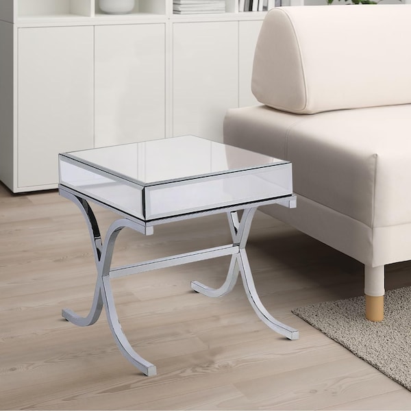 Acme Square Mirror Top Metal Tube End Table in Chrome - ER-089SL