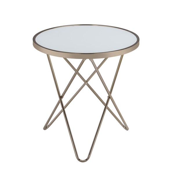 Acme Round Glass Top End Table in White Glass and Gold - ER-0214GD