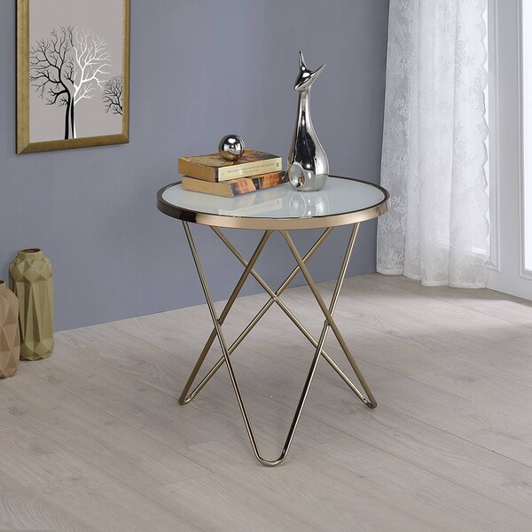 Acme Round Glass Top End Table in White Glass and Gold - ER-0214GD