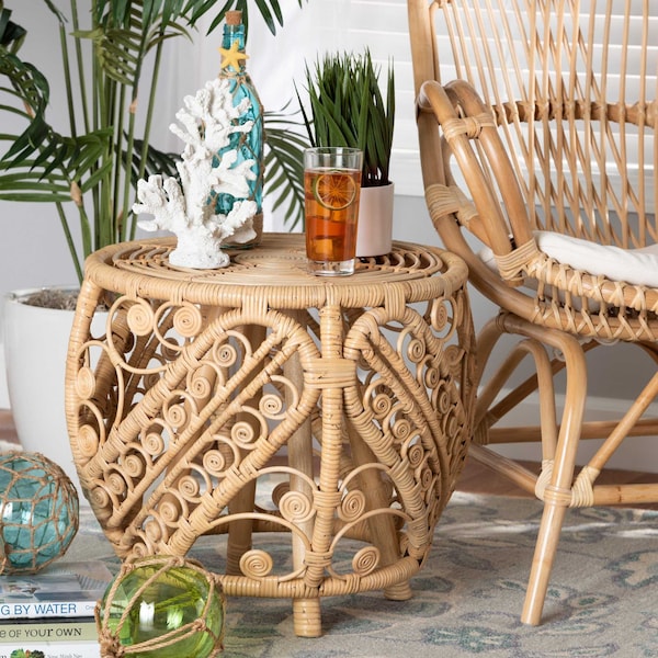 Baxton Studio Saranna Modern Bohemian Natural Brown Finished Rattan End Table - 205-12681