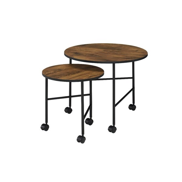Acme 2-Piece Round Wooden Top Nesting Tables in Vintage Oak - ER-0158OAK