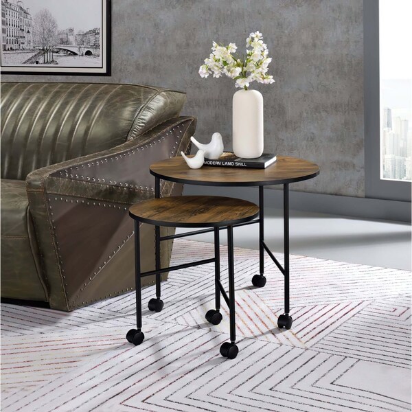 Acme 2-Piece Round Wooden Top Nesting Tables in Vintage Oak - ER-0158OAK