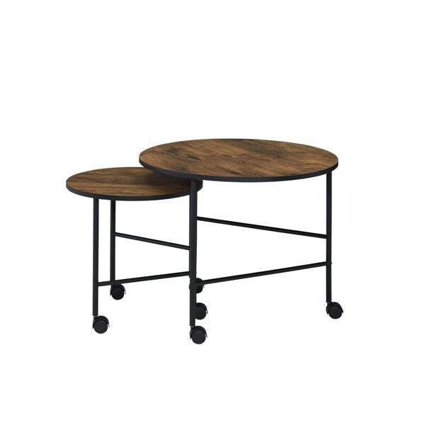 Acme 2-Piece Round Wooden Top Nesting Tables in Vintage Oak - ER-0158OAK