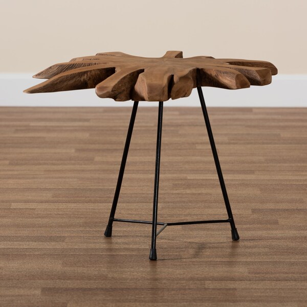 Baxton Studio Merci Rustic Industrial Natural Brown and Black End Table with Teak Tree Trunk Tabletop - 209-12794