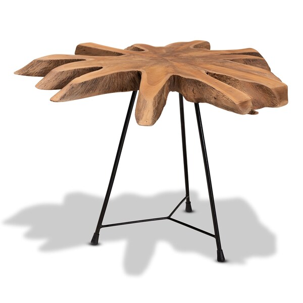 Baxton Studio Merci Rustic Industrial Natural Brown and Black End Table with Teak Tree Trunk Tabletop - 209-12794