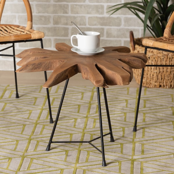 Baxton Studio Merci Rustic Industrial Natural Brown and Black End Table with Teak Tree Trunk Tabletop - 209-12794