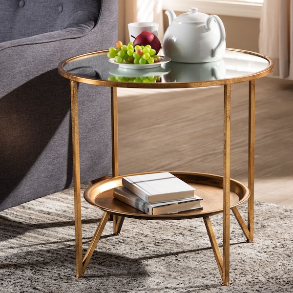 Baxton Studio Tamsin Gold Finished Metal and Mirrored Glass Table with Tray Shelf - 151-9067