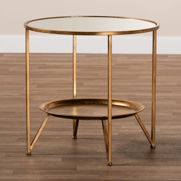 Baxton Studio Tamsin Gold Finished Metal and Mirrored Glass Table with Tray Shelf - 151-9067