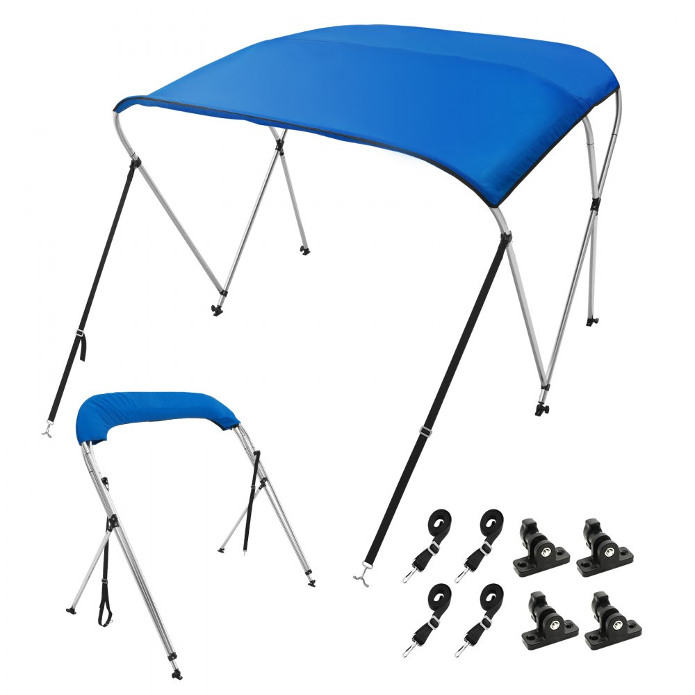 VEVOR 3 Bow Bimini Top Boat Cover, 900D Polyester Canopy with 1" Aluminum Alloy Frame, Waterproof and Sun Shade, Includes Storage Boot, 4 Straps, 2 Support Poles, 6'L x 46"H x 67"-72"W, Pacific Blue - 3GCYZYP6L677YH2G9V0