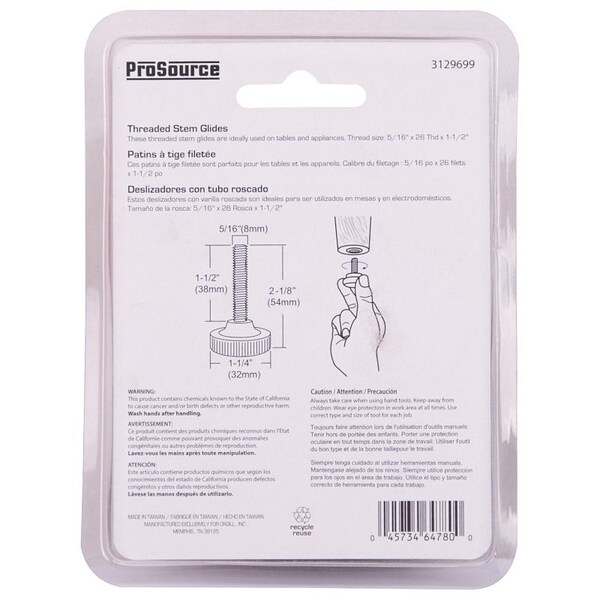 Prosource Furniture Glide, PE/Steel, Black, Black, 1-1/4 x 1-1/4 x 2-1/8 in Dimensions - FE-S505-PS