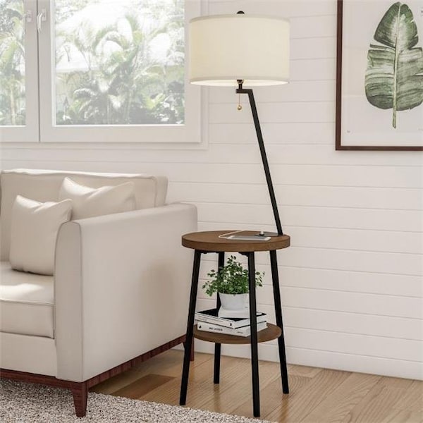 Lavish Home Lavish Home A1000B3 Floor Lamp End Table-Mid Century Modern Side Table with Drum Shaped Shade; Brown; Black & Off-White - A1000B3