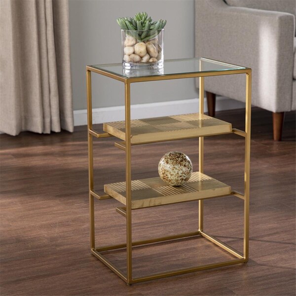 Gfancy Fixtures 24 in. Glass & Iron Rectangular End Table with Two Shelves Brass - GF3111402