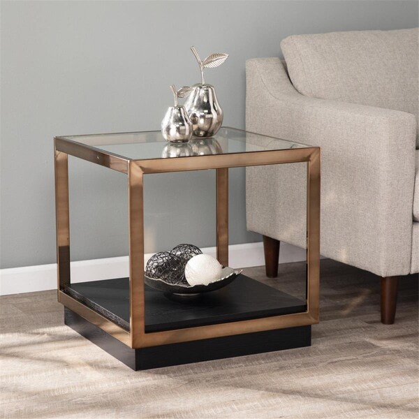 Homeroots 22 in. Glass & Iron Square End Table with Shelf Champagne - 402484