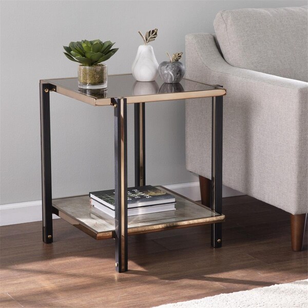 Gfancy Fixtures 24 in. Glass & Iron Square Mirrored End Table with Shelf Champagne - GF3105096