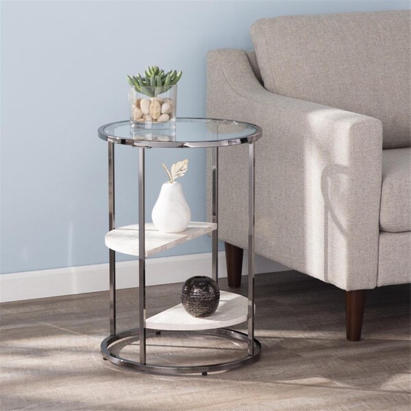 Homeroots 24 in. Metal Glass & Faux Marble Round End Table with Two Shelves Black - 402441