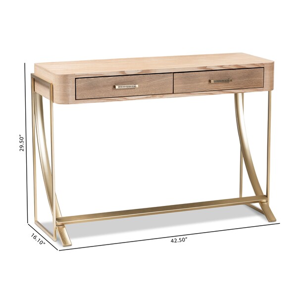 Baxton Studio Lafoy Natural Finished Wood and Gold Finished 2-Drawer Console Table - 153-9202