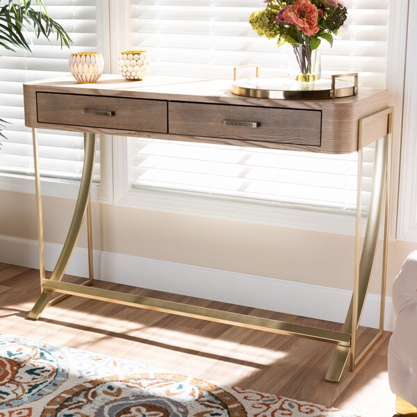 Baxton Studio Lafoy Natural Finished Wood and Gold Finished 2-Drawer Console Table - 153-9202