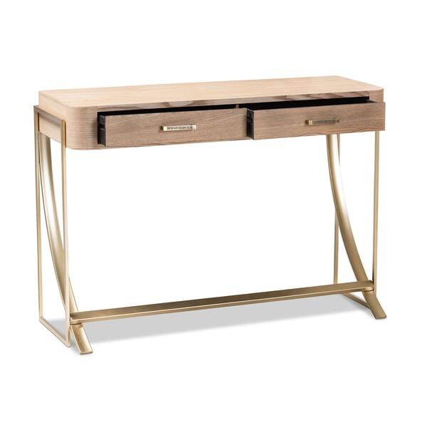 Baxton Studio Lafoy Natural Finished Wood and Gold Finished 2-Drawer Console Table - 153-9202