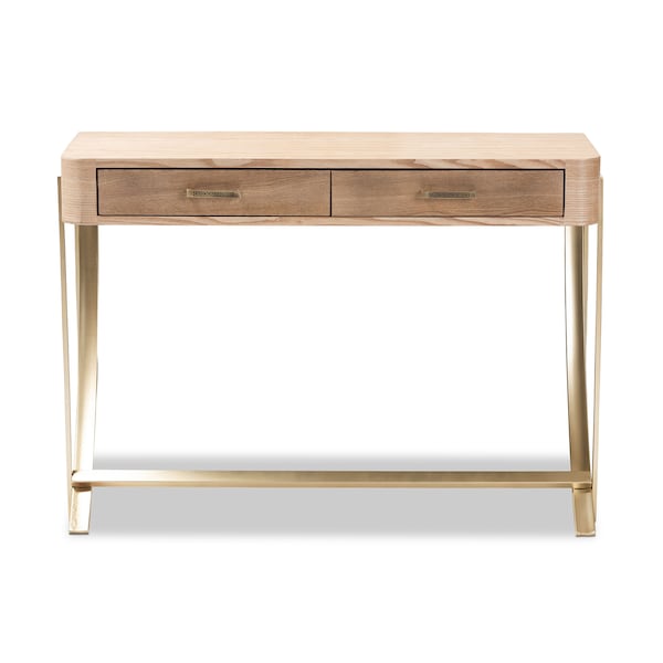 Baxton Studio Lafoy Natural Finished Wood and Gold Finished 2-Drawer Console Table - 153-9202
